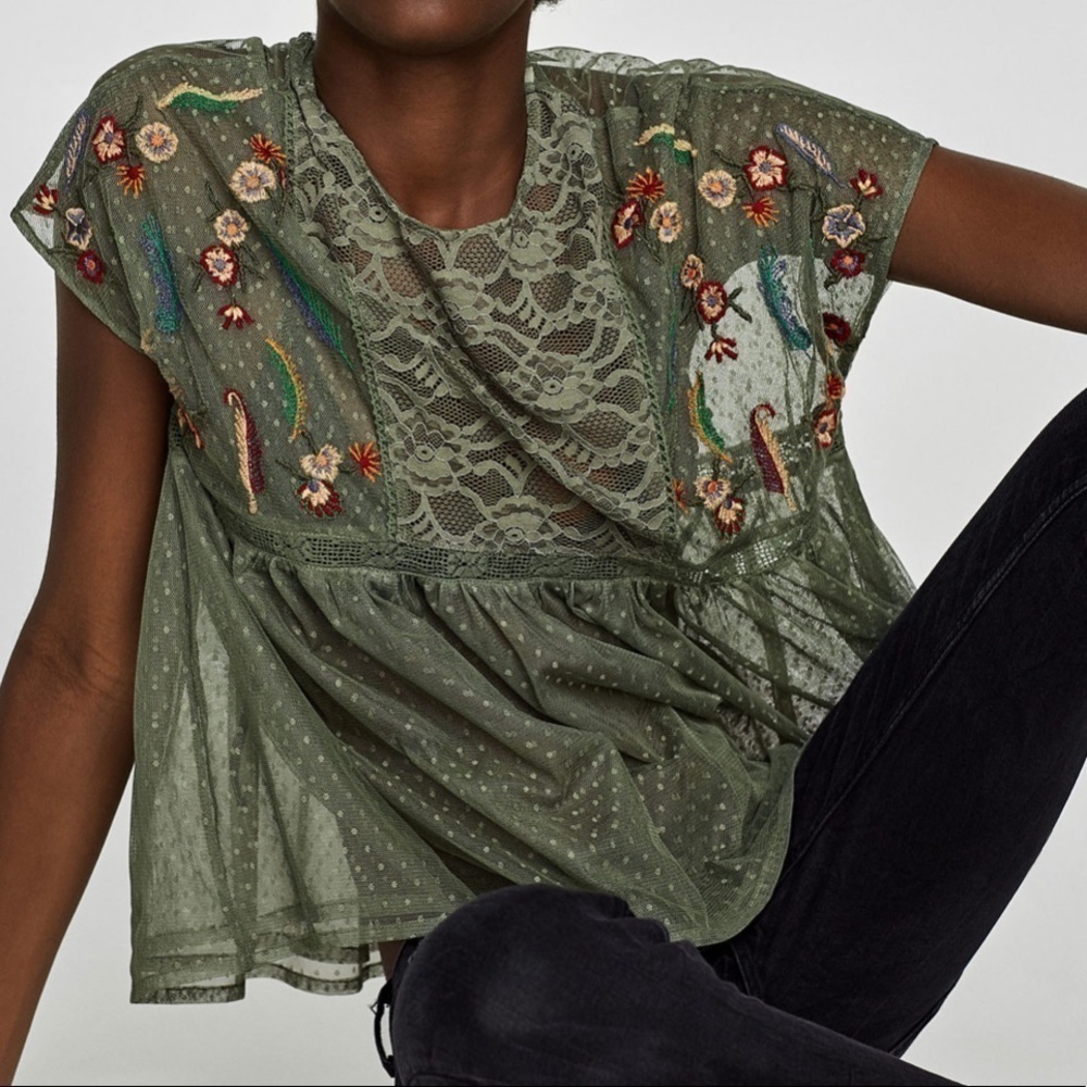 Zara Tulle Peplum Embroiled Top